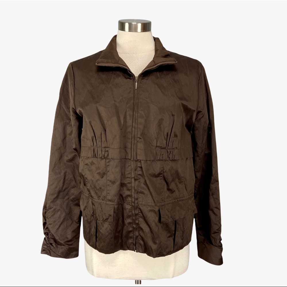 Chicos Womens Tyla Brown Crinkled Textured Jacket Full Zip Pockets size Large